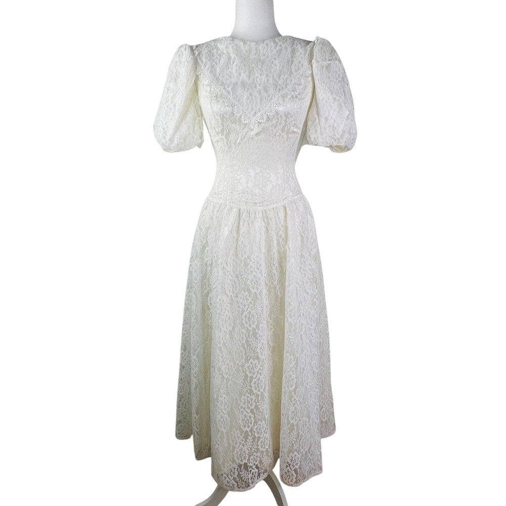Jessica McClintock Gunne Sax Dress Womens 3/4‎ Ivory Excellent Lace Puff Sleeve